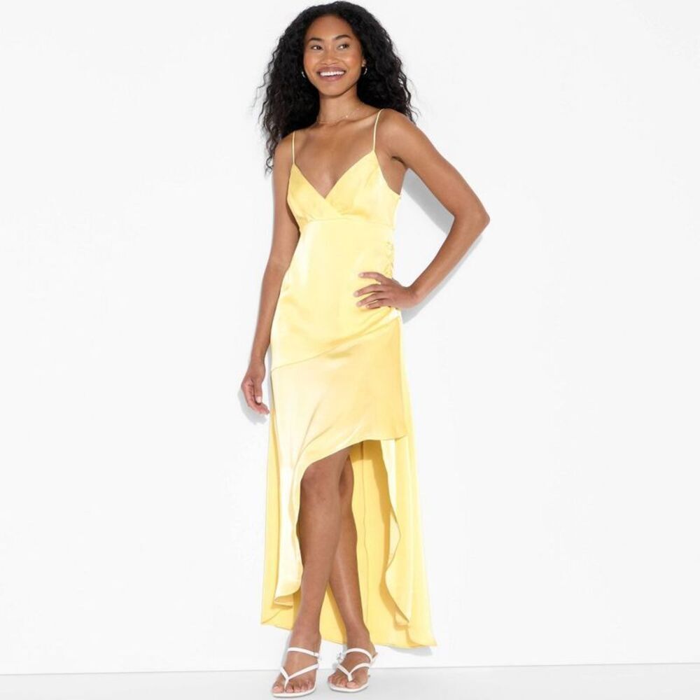 Women's Satin Asymmetrical Maxi A-Line Dress - Wild Fable Light Yellow M